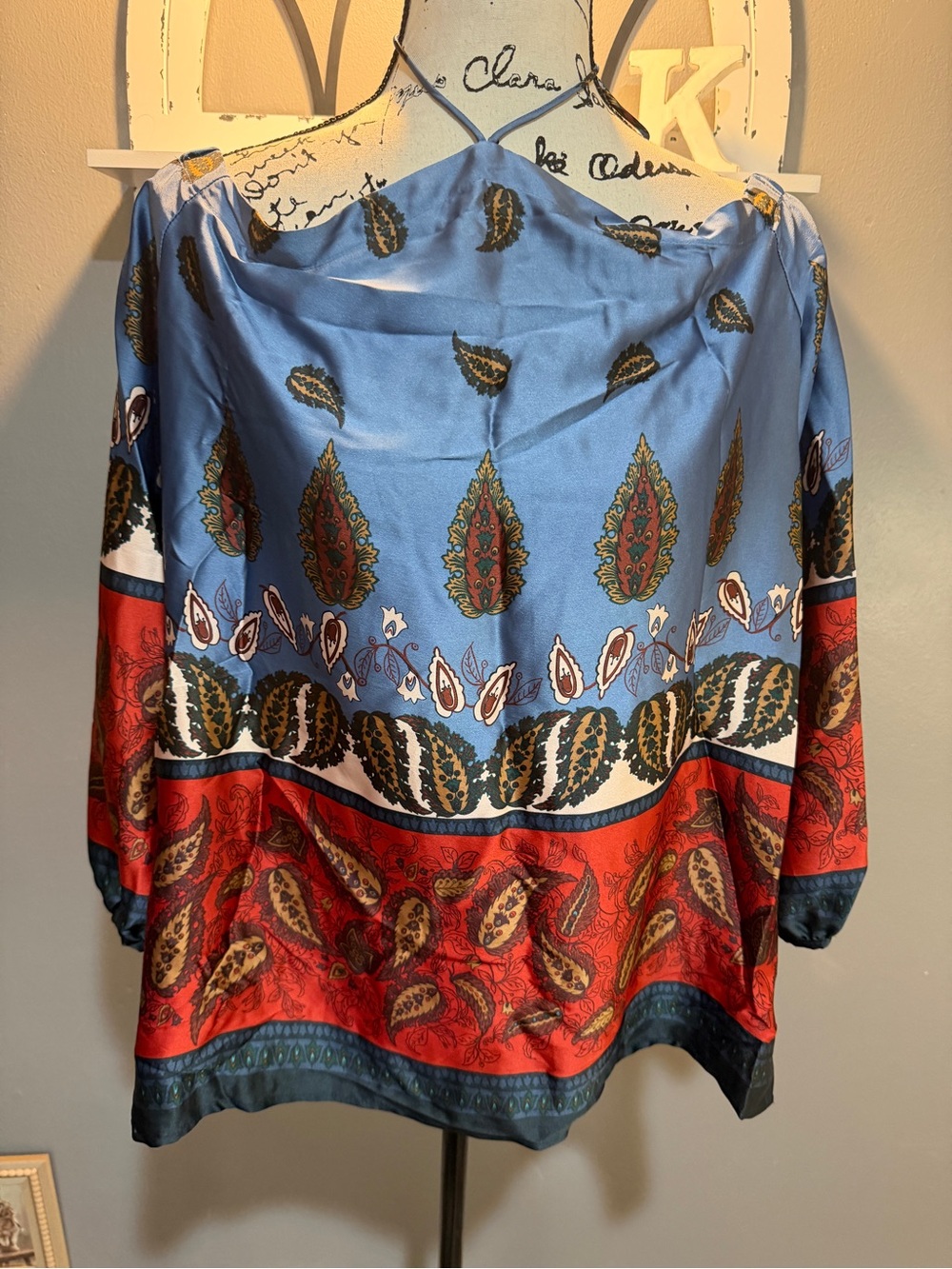LOFT Blue and Red Paisley Border Off-Shoulder Blouse